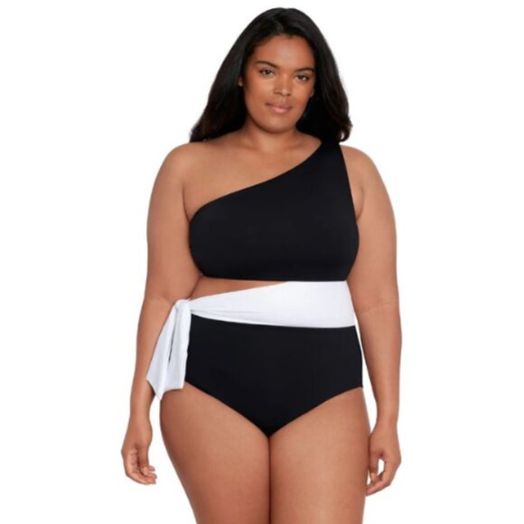LAUREN Ralph Lauren Womens Two-Tone Cutout OnePiece Swimsuit Black/White 20W NWT - Picture 1 of 6